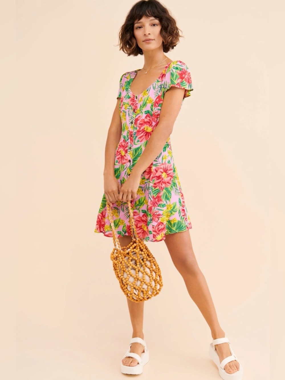 Lost and Wander Mai Tai Tropical Floral Mini Babydoll Dress Size Medium